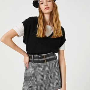 Short Skirt Double Belt Detailed Wide Pleated